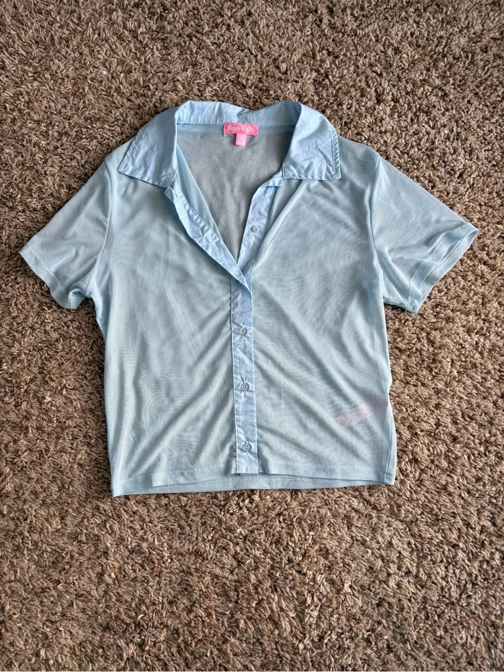 Sugar Thrillz Light Blue Mesh Short Sleeve Button-Up Top